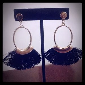 Gold Oval Black Tassel Earrings